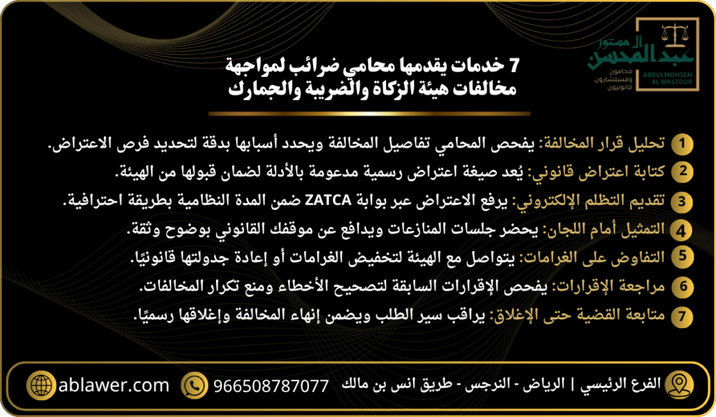 7 خدمات يقدمها محامي ضرائب بالرياض لمواجهة مخالفات هيئة الزكاة والضريبة والجمارك