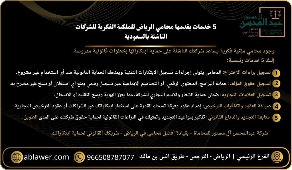 5 خدمات يقدمها محامي الرياض للملكية الفكرية للشركات الناشئة بالسعودية