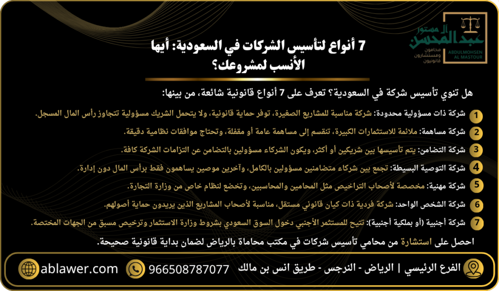 7 أنواع لتأسيس الشركات في السعودية أيها الأنسب لمشروعك؟ مع افضل محامي بالرياض