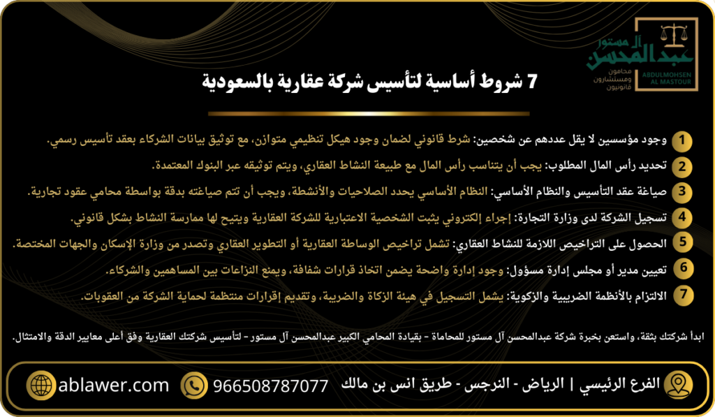 7 شروط أساسية لتأسيس شركة عقارية بالسعودية مع افضل محامي بالرياض