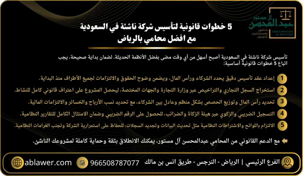 5 خطوات قانونية لتأسيس شركة ناشئة في السعودية مع افضل محامي بالرياض
