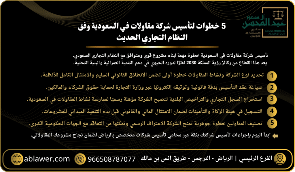 5 خطوات لتأسيس شركة مقاولات بالسعودية وفق النظام التجاري الحديث - محامي الرياض