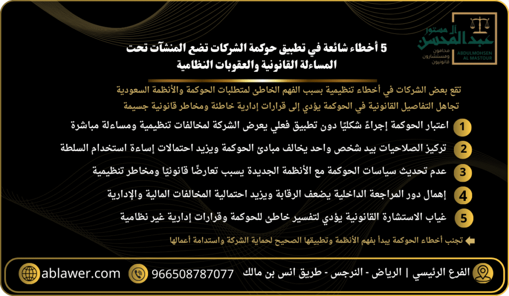 5 أخطاء شائعة في تطبيق حوكمة الشركات تضع المنشآت تحت المساءلة القانونية والعقوبات النظامية