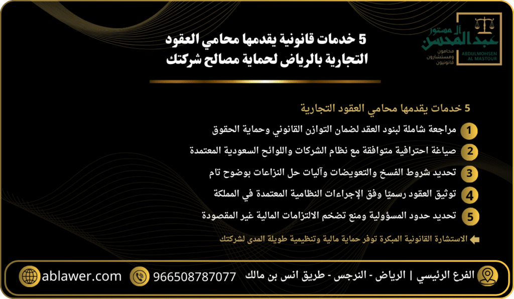 5 خدمات قانونية يقدمها افضل محامي عقود تجارية بالرياض لحماية مصالح شركتك