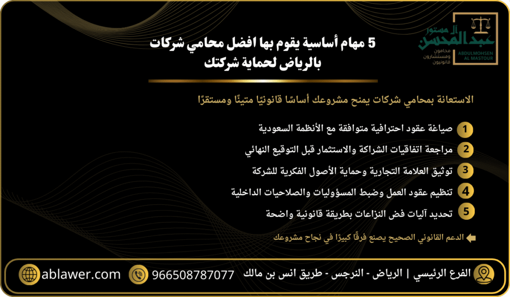 5 مهام أساسية يقوم بها افضل محامي شركات بالرياض لحماية شركتك