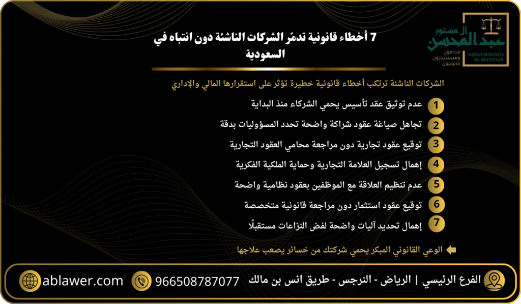 7 أخطاء قانونية تدمّر الشركات الناشئة دون انتباه في السعودية