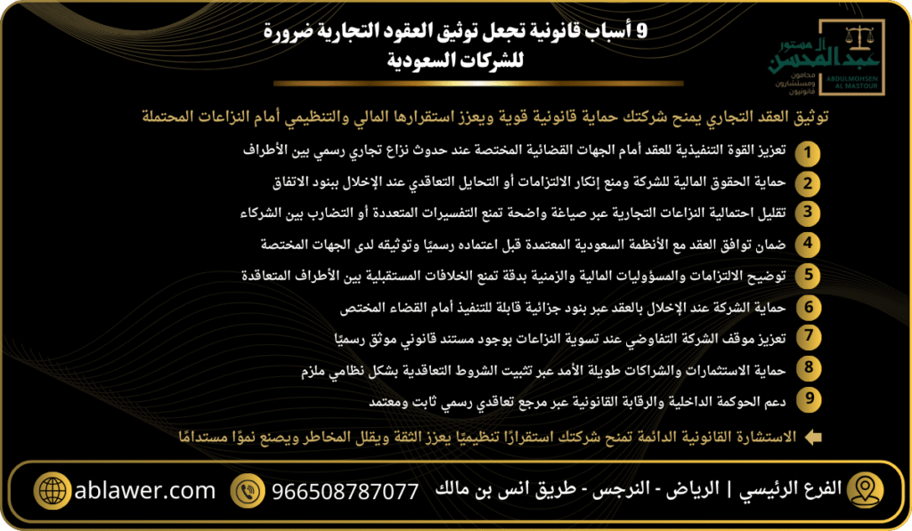 9 أسباب قانونية تجعل توثيق العقود التجارية ضرورة للشركات السعودية