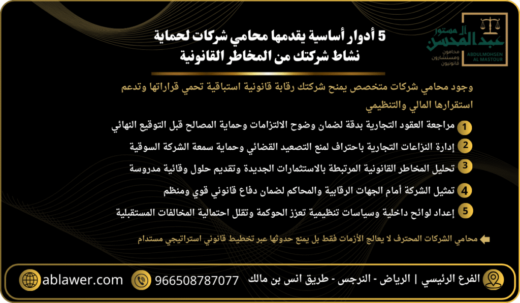 5 أدوار أساسية يقدمها محامي شركات لحماية نشاط شركتك من المخاطر القانونية