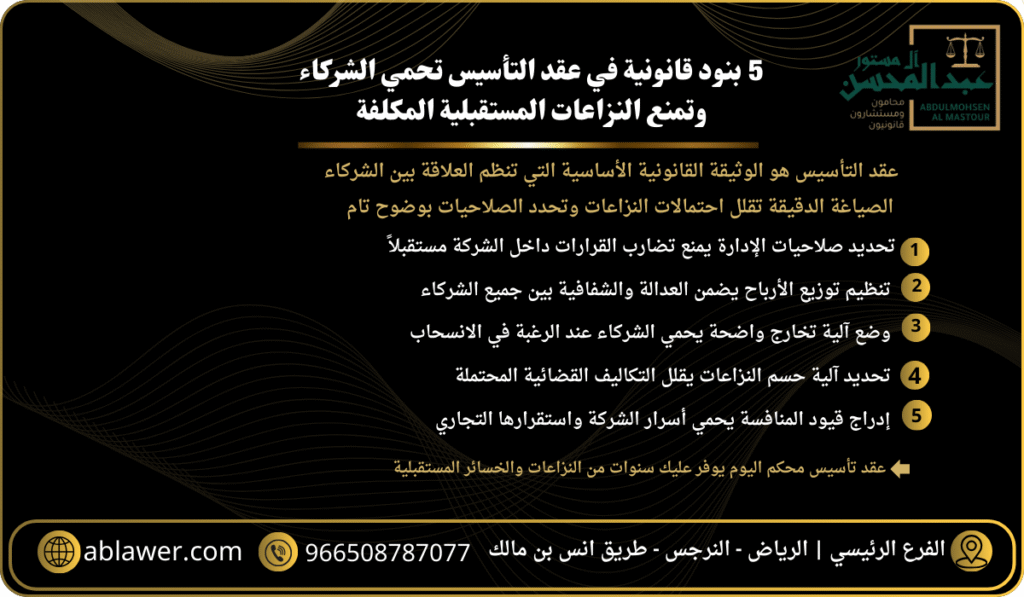 5 بنود قانونية في عقد التأسيس تحمي الشركاء وتمنع النزاعات المستقبلية المكلفة