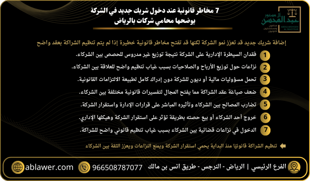 7 مخاطر قانونية عند دخول شريك جديد في الشركة يوضحها محامي شركات بالرياض