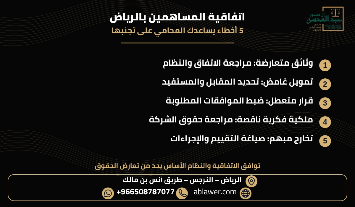 خمسة أخطاء ودور المحامي في مراجعة اتفاقية المساهمين بالرياض