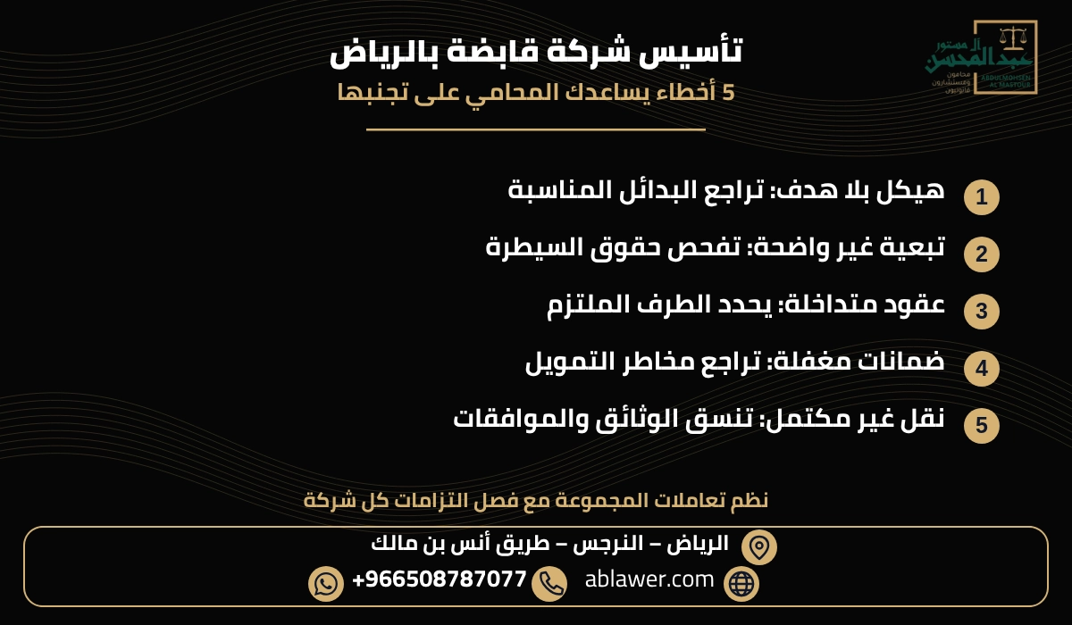 خمسة أخطاء ودور المحامي في مراجعة تأسيس شركة قابضة بالرياض