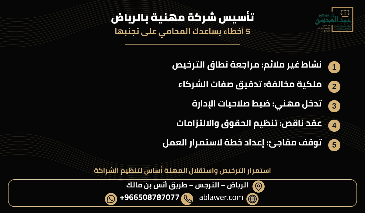خمسة أخطاء ودور المحامي في مراجعة تأسيس شركة مهنية بالرياض