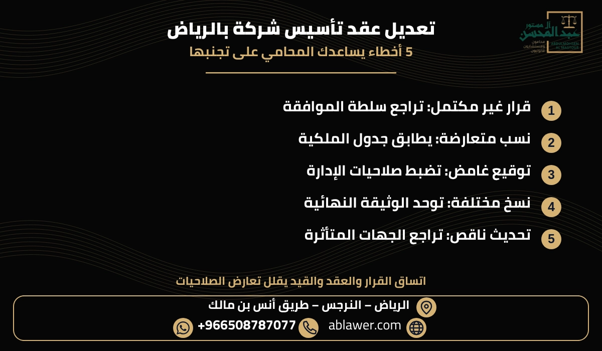 خمسة أخطاء ودور المحامي في مراجعة تعديل عقد تأسيس شركة بالرياض