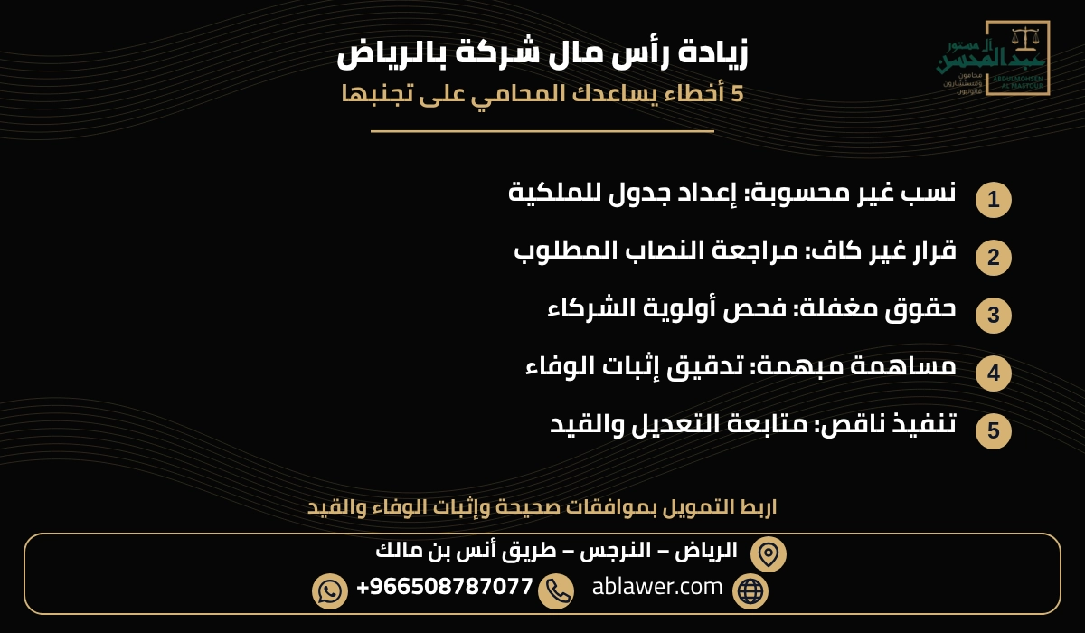 خمسة أخطاء ودور المحامي في مراجعة زيادة رأس مال شركة ذات مسؤولية محدودة بالرياض