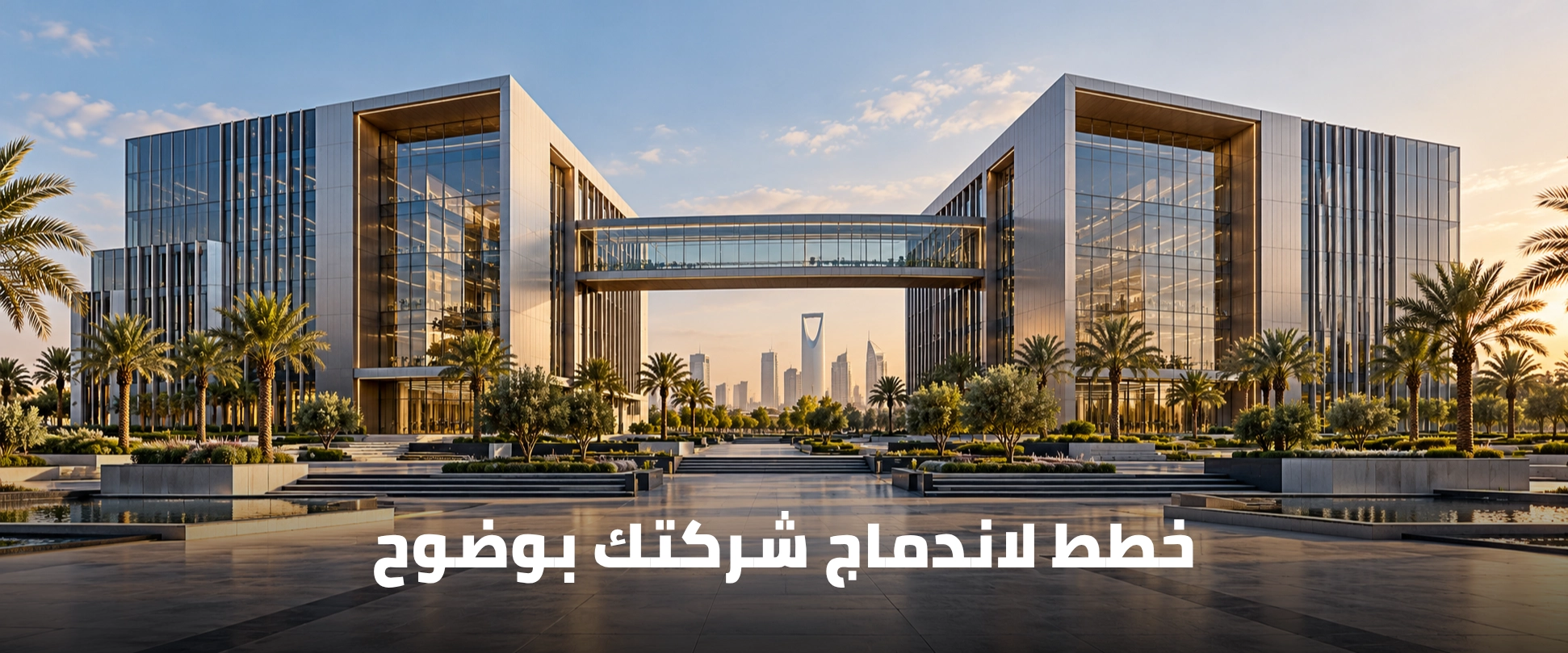 مشهد أعمال في الرياض مع عبارة خطط لاندماج شركتك بوضوح