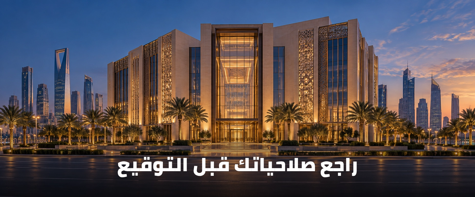 مشهد أعمال في الرياض مع عبارة راجع صلاحياتك قبل التوقيع