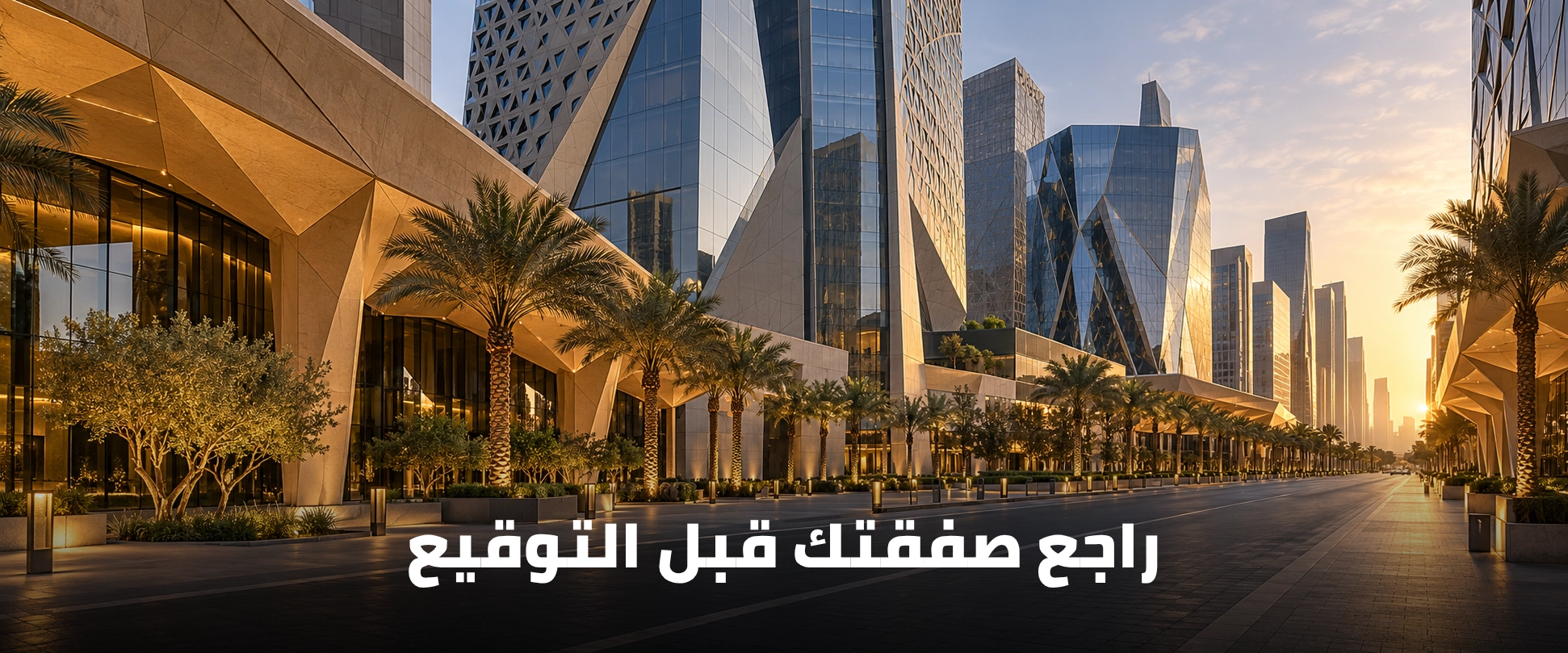مشهد أعمال في الرياض مع عبارة راجع صفقتك قبل التوقيع
