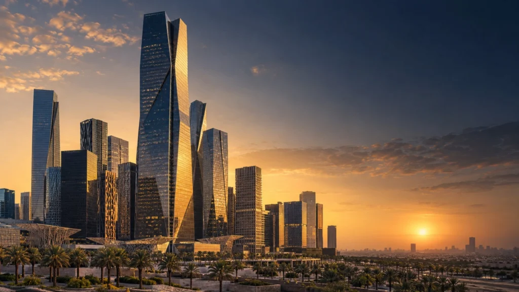 مشهد تعبيري لمركز الملك عبدالله المالي في الرياض لصفحة حجز الاستشارة القانونية