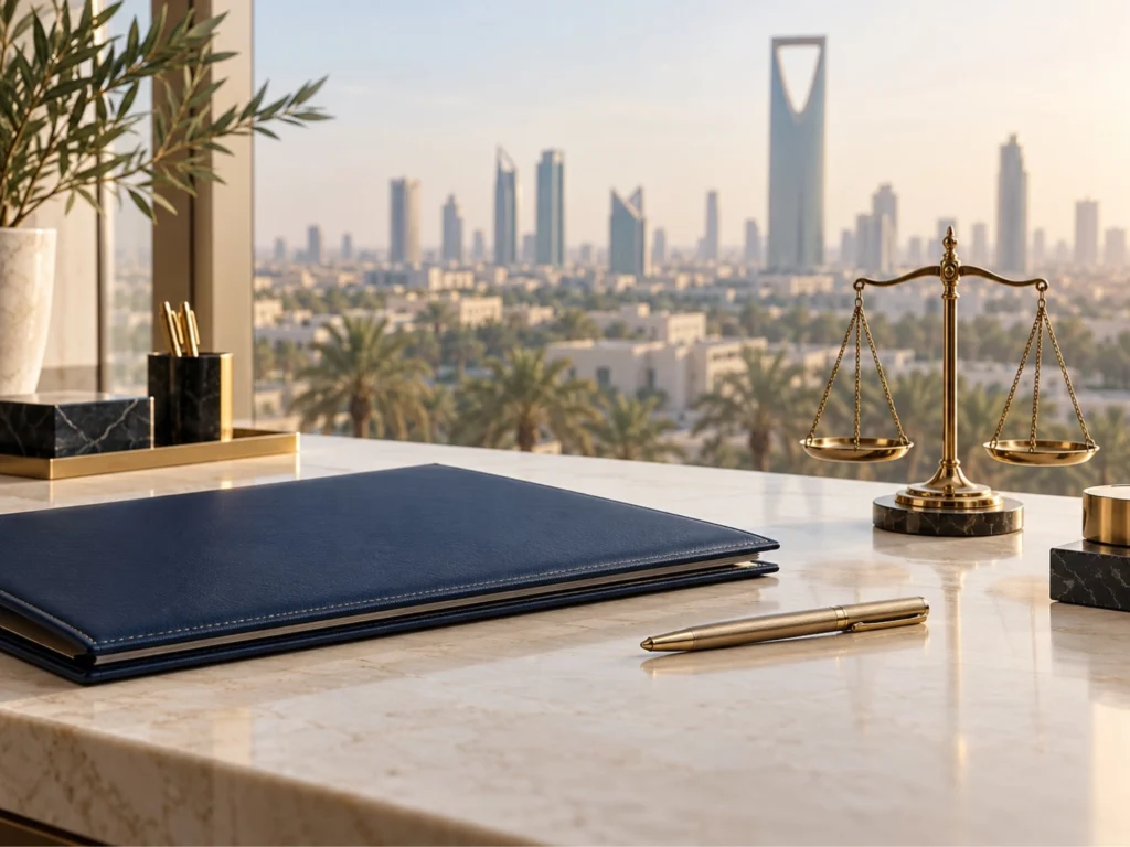 ملف قانوني وميزان عدالة أمام مشهد تعبيري لمدينة الرياض